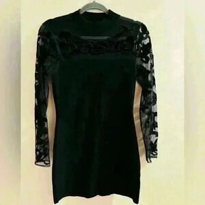 INC INTERNATIONAL CONCEPTS SWEATER DRESS FLOCKED VELVET MESH SHEER SLEEVES EUC